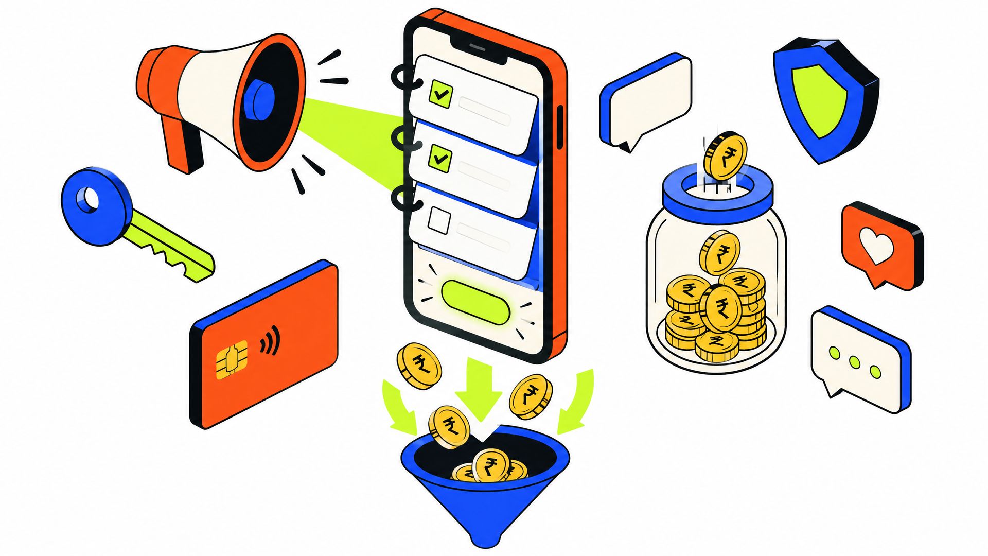 Isometric 3D phone with flip-open checklist layers, a megaphone, loan key, chip card and SIP coin jar feeding coins into a sign-up funnel on white.