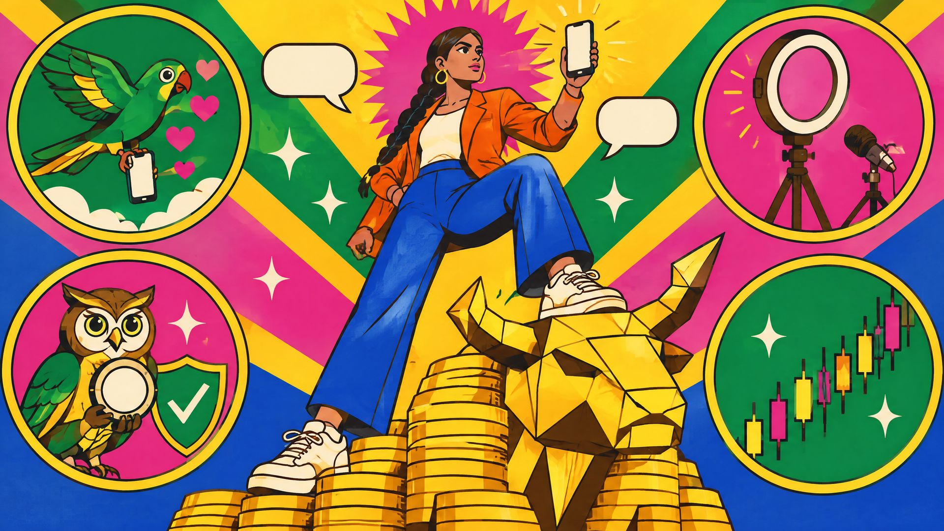 Flat pop illustration of a young Indian fund manager in an orange blazer posing on a gold-coin bull, holding a phone, framed by a parrot, ring light and owl.