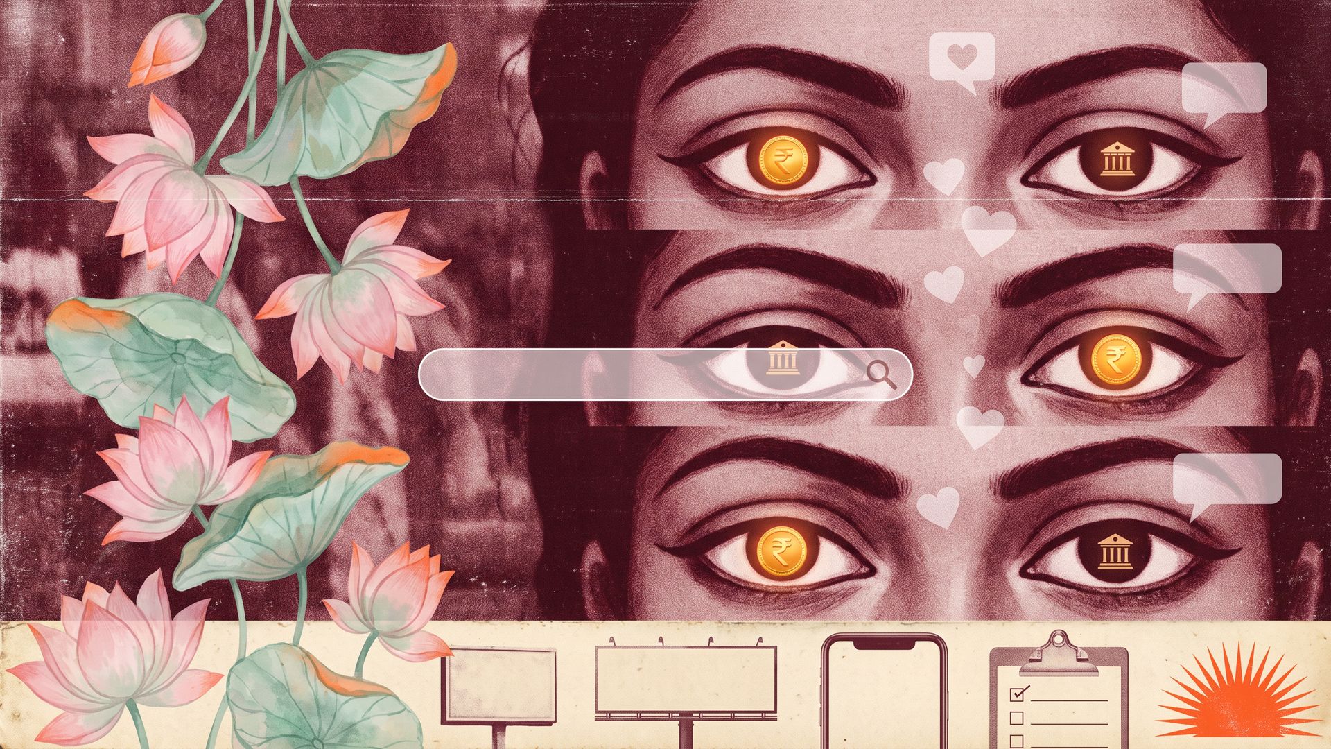 Crimson vintage print of rows of staring eyes, some with gold coin pupils, beside pink lotuses and a strip of blank billboards, phone and survey clipboard.