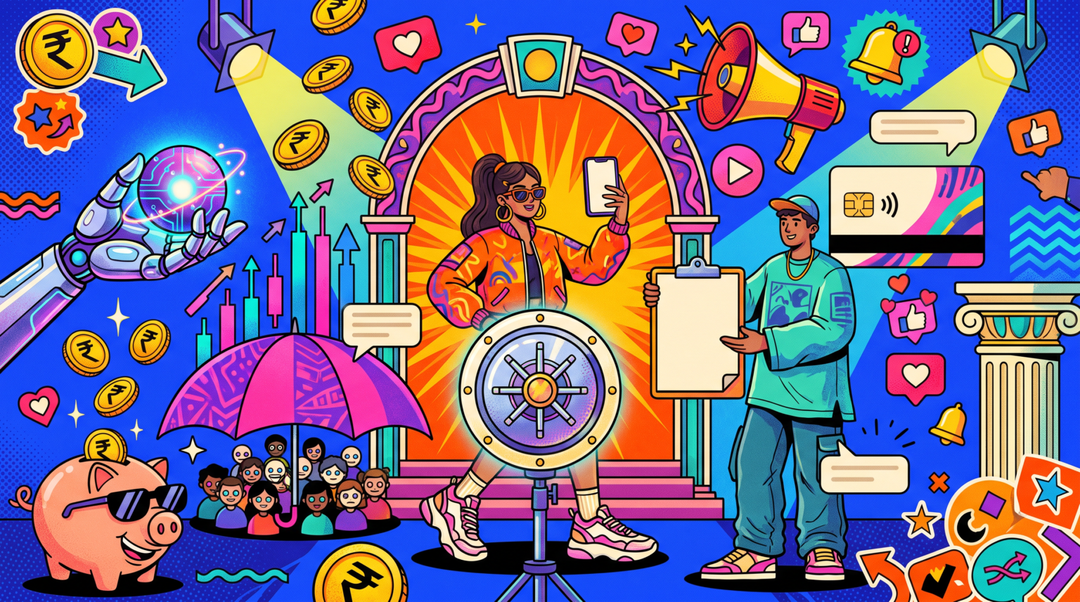 Illustration of a young Indian finance creator filming herself beside a vault-dial ring light while a colleague holds a blank approval clipboard, with a robot hand holding an AI orb, rupee coins, a contactless card and an umbrella sheltering a crowd of followers
