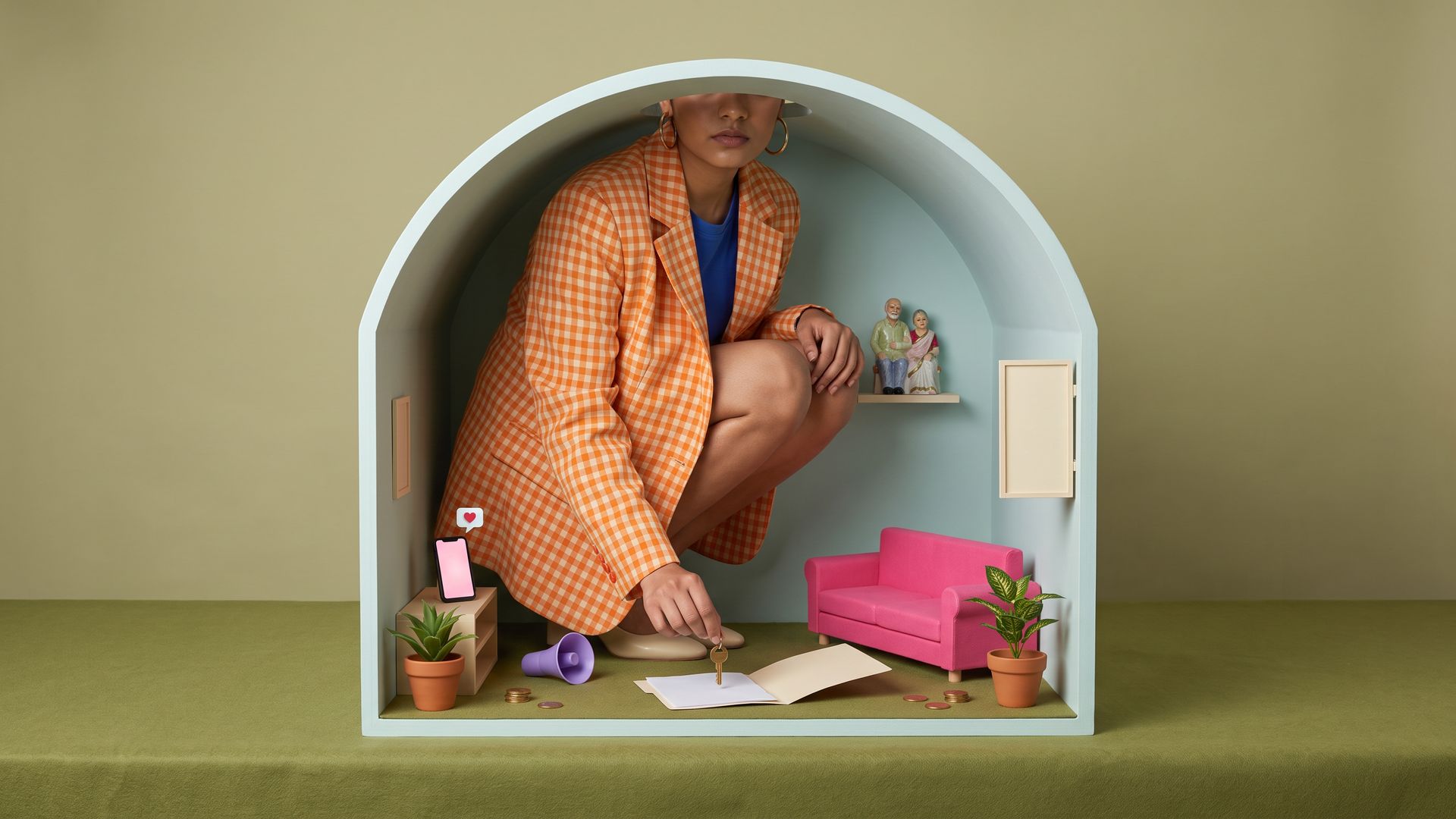 A young woman in an orange check jacket crouches inside a pastel dollhouse flat, placing a tiny house key beside a miniature loan file, coins and family figurines.