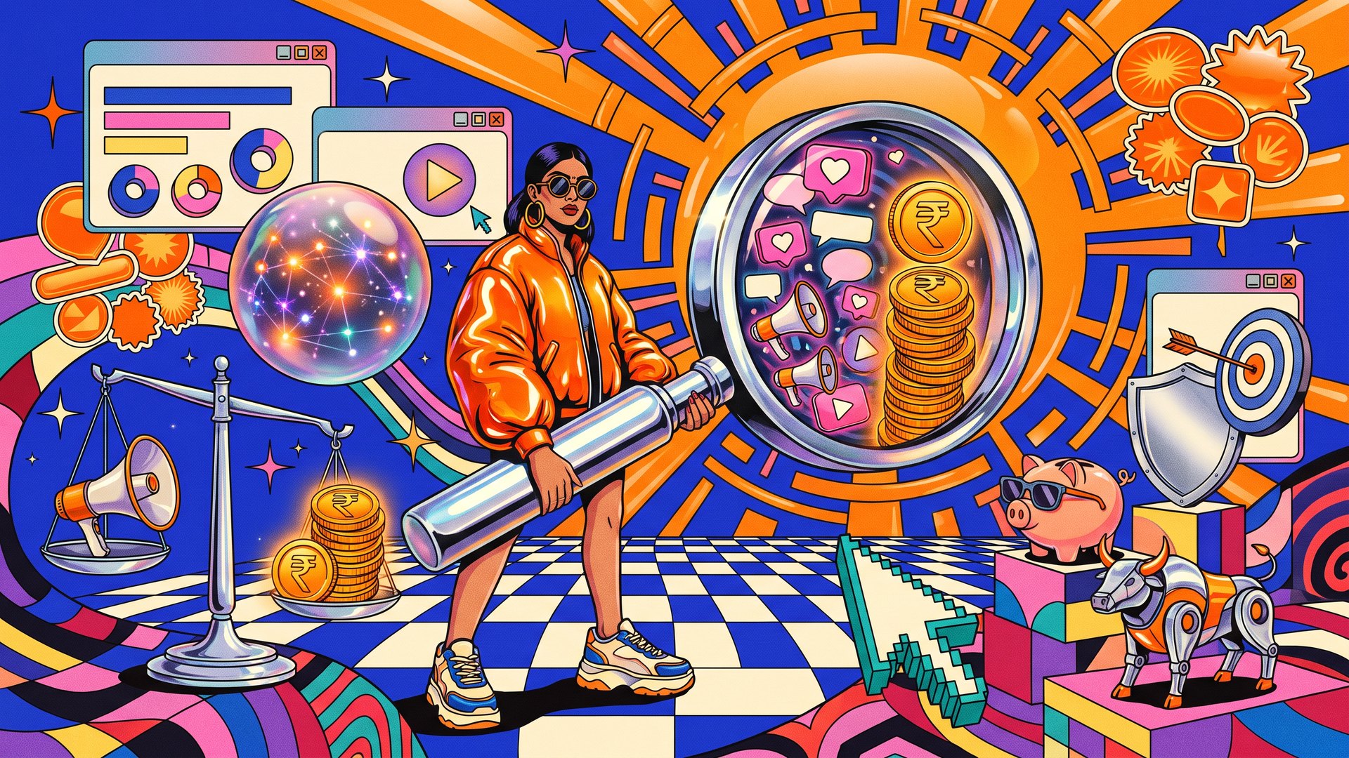 Illustration of a young woman in an orange jacket holding a giant magnifying glass that turns social media hearts, chat bubbles and megaphones into stacks of rupee coins, surrounded by a balance scale, dashboard windows, a piggy bank in sunglasses and a target board