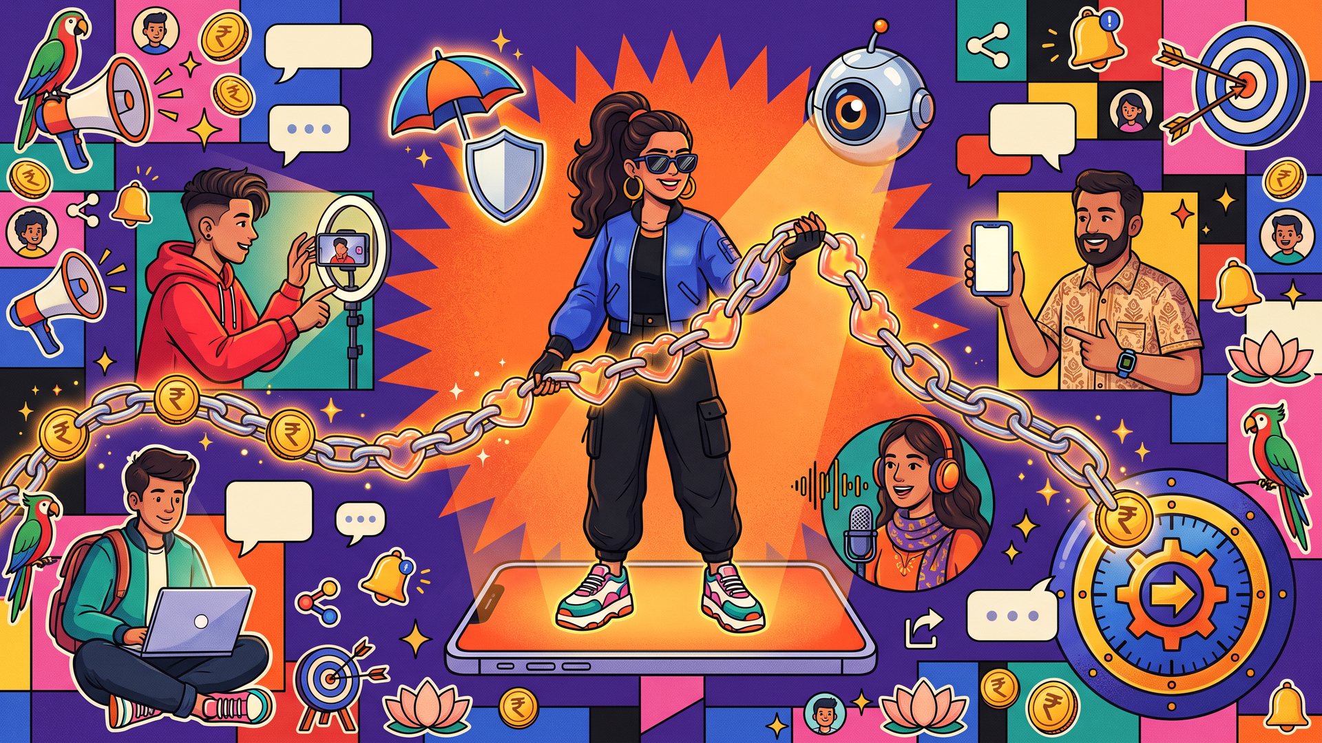 Illustration of fintech affiliate marketing: a young alliances lead holds a glowing chain that links creators, a shopkeeper, a podcaster and a student to a vault, while an AI eye checks the chain