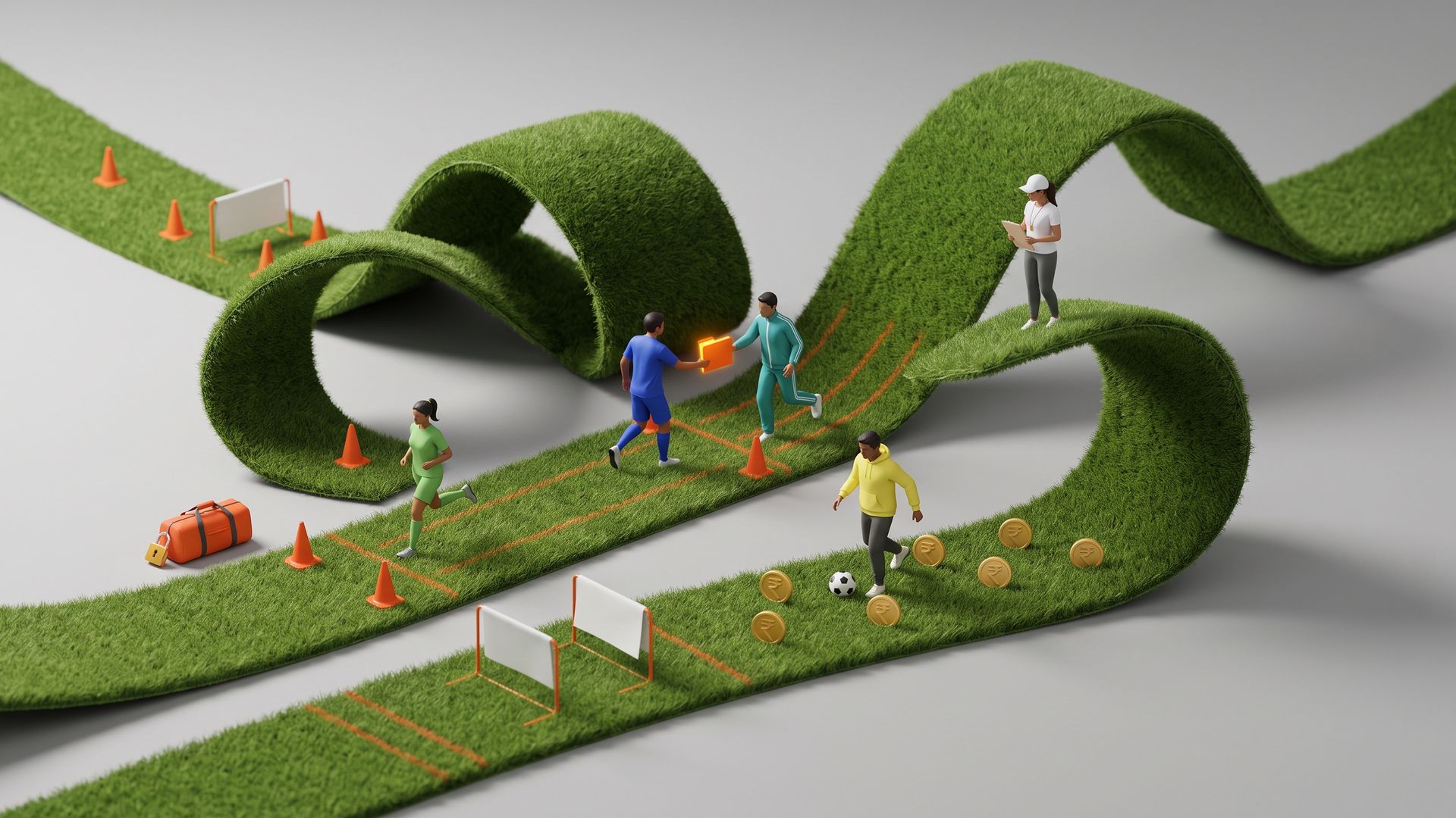 Miniature sales partners run training drills on a looping green turf ribbon, passing an orange folder baton between gold coins in a grey studio.
