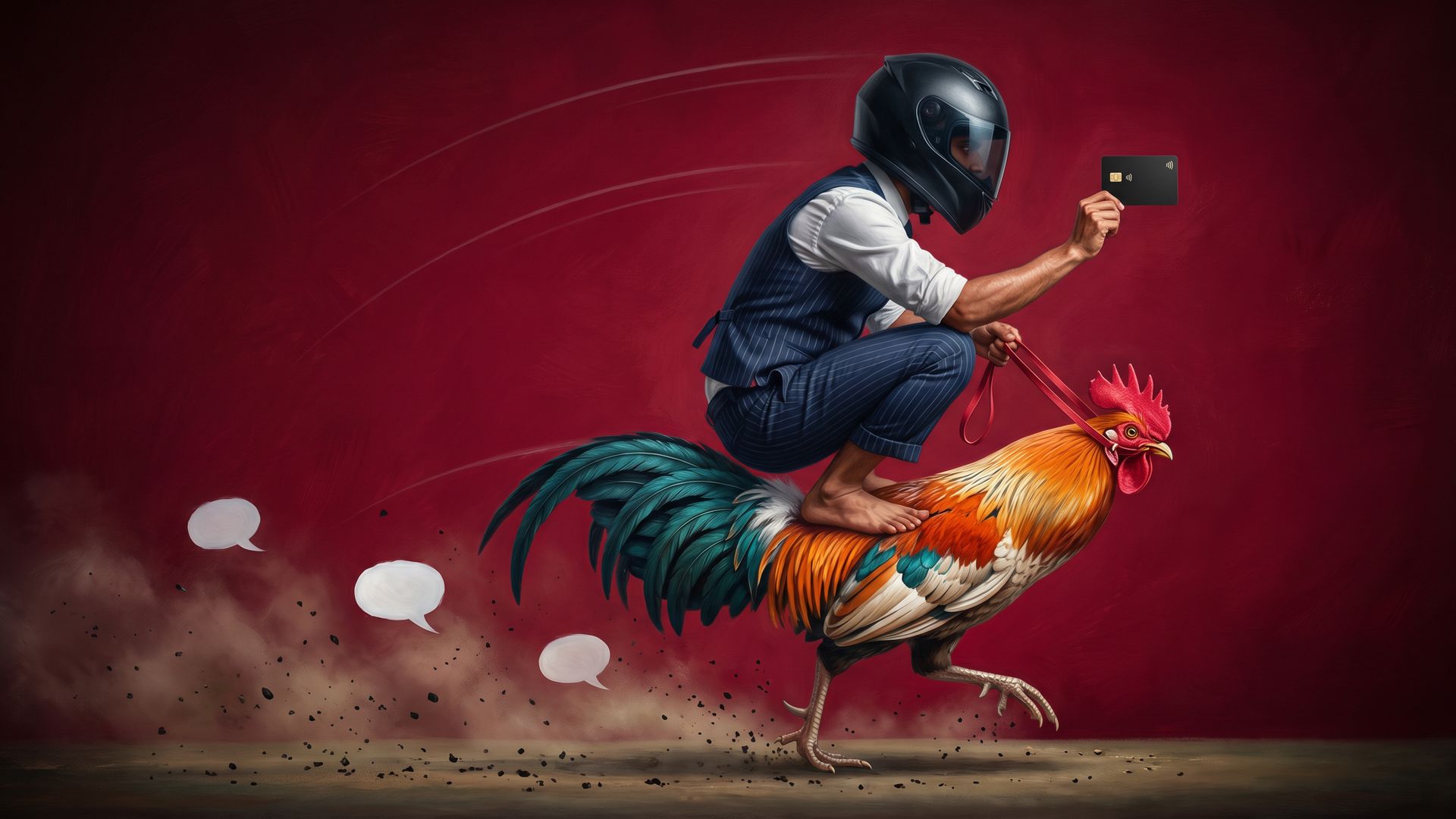 A young banker in a pinstripe waistcoat and motorbike helmet crouches barefoot on a sprinting orange rooster, holding thin red reins and a bank card on a crimson backdrop.