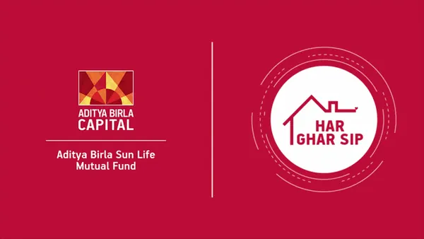 Red brand card for Har Ghar SIP with the Aditya Birla Capital logo and a house icon