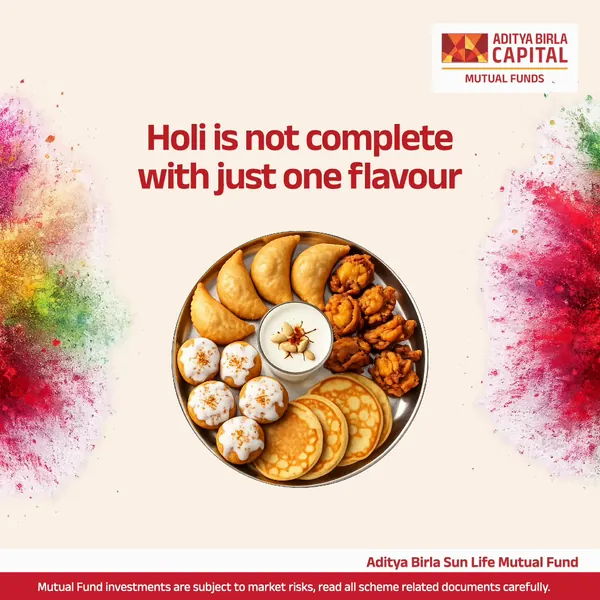 Aditya Birla Sun Life Mutual Fund Holi social post: a plate of festive sweets in a burst of coloured powder
