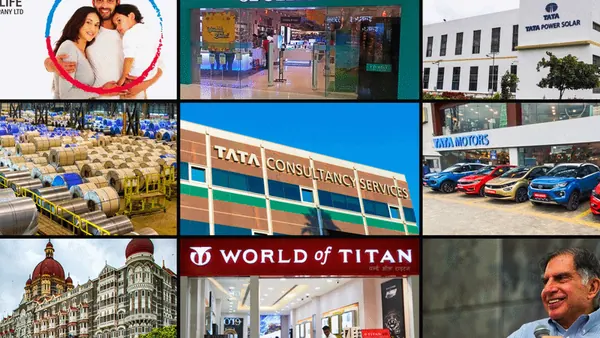 TATA AIA Life Insurance work: a grid mosaic of TATA group buildings, stores and campaign frames